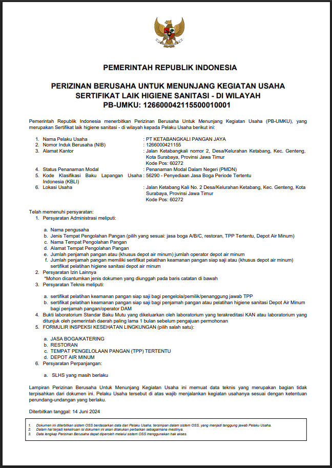 Izin Boss PT. Ketabangkali Pangan Jaya